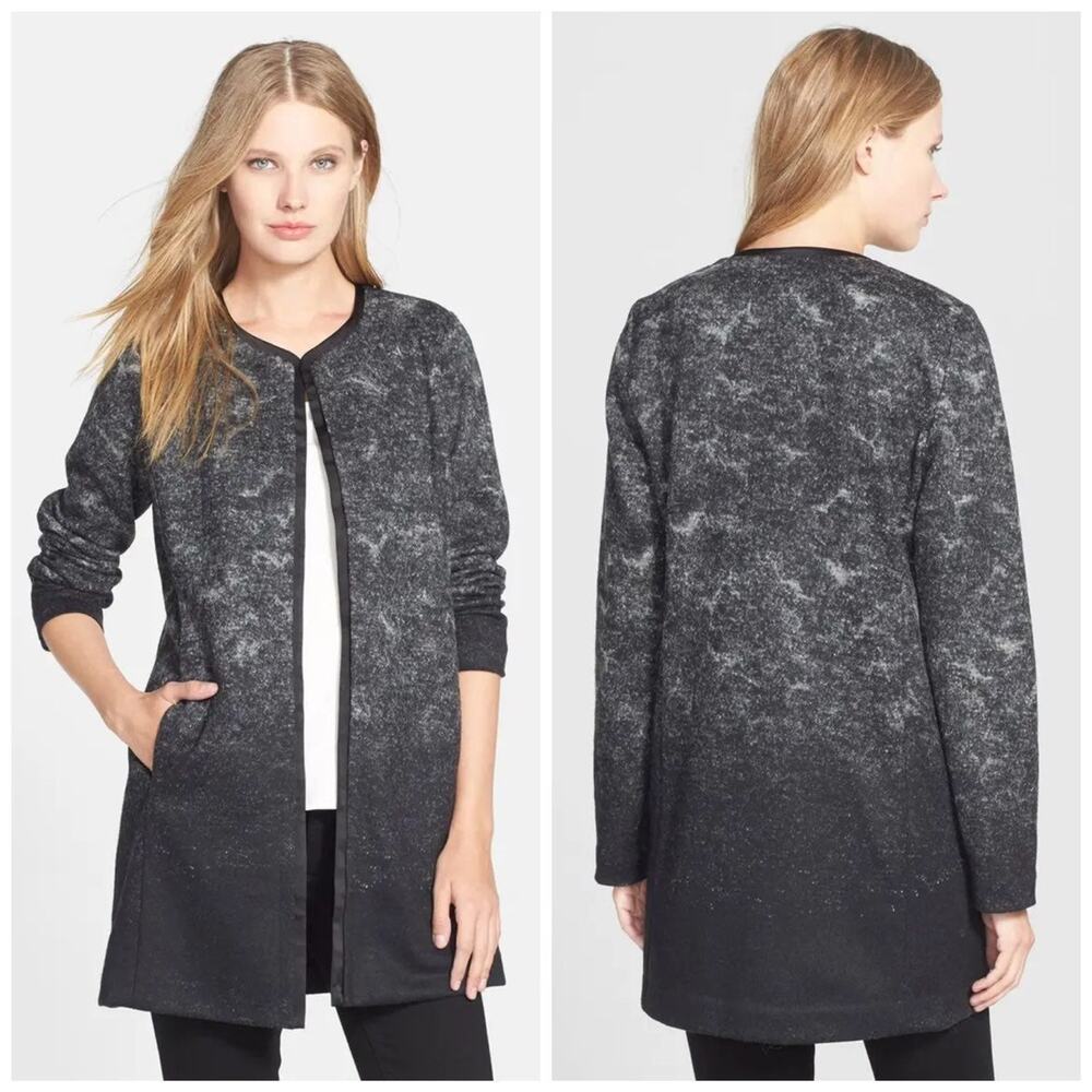 Eileen Fisher Black Sprinkle Felted Wool Silk Open Front Jacket